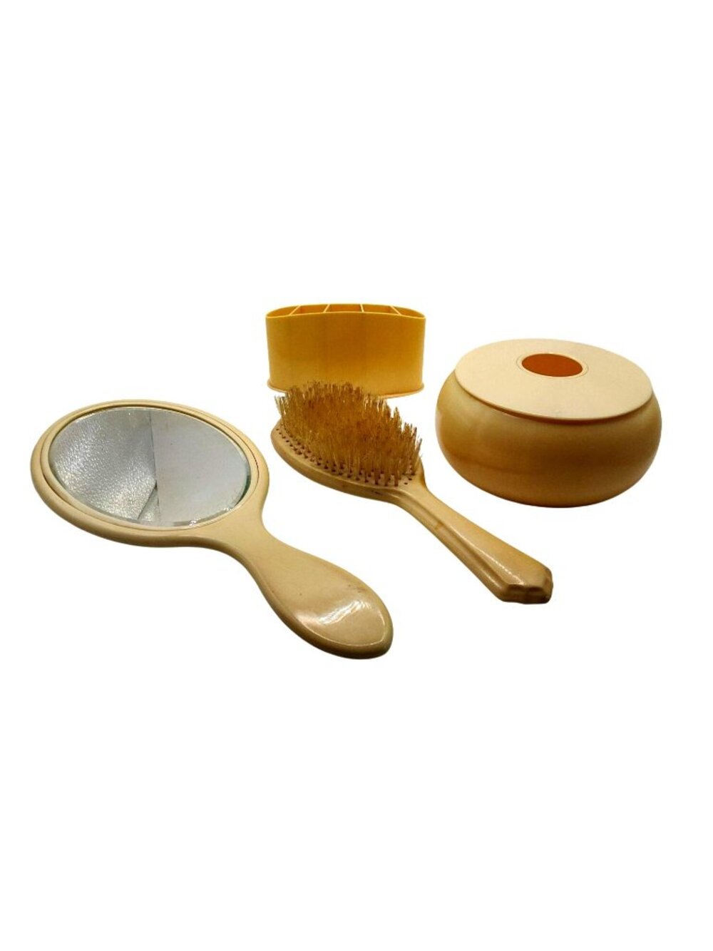 Vintage Celluloid 4-Piece Vanity Set With Mirror Brush Holder & Box Cream Color